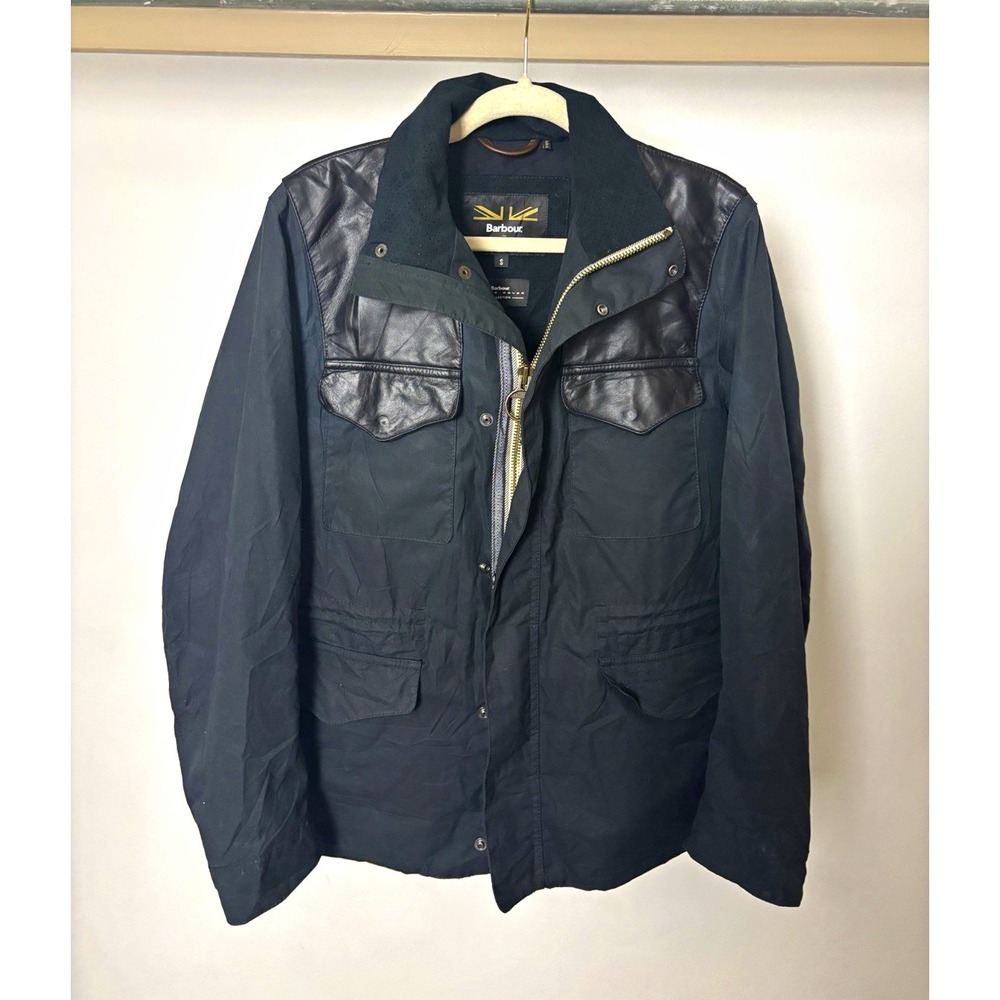 Rare Barbour Land Rover Waxed Field Jacket Mens Small Black Leather Trim limited